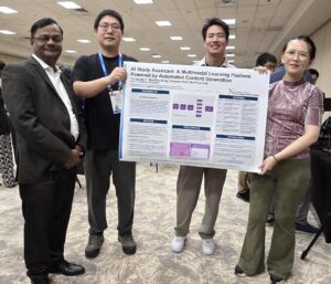 Dr. Mathapathi and the student team of researchers who built AI Study Assistant pose at the event with their project poster