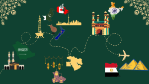 A graphic created by the event team showing each of the presenting students' home countries connected by a cartoon airplane flight map